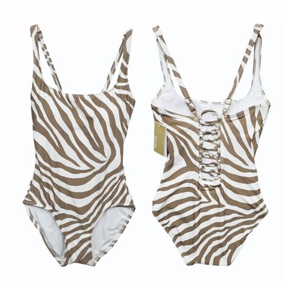 Michael Kors Womens 6 Tan Zebra Print 1 Piece Swimsuit Ladder Back Design - Picture 1 of 16